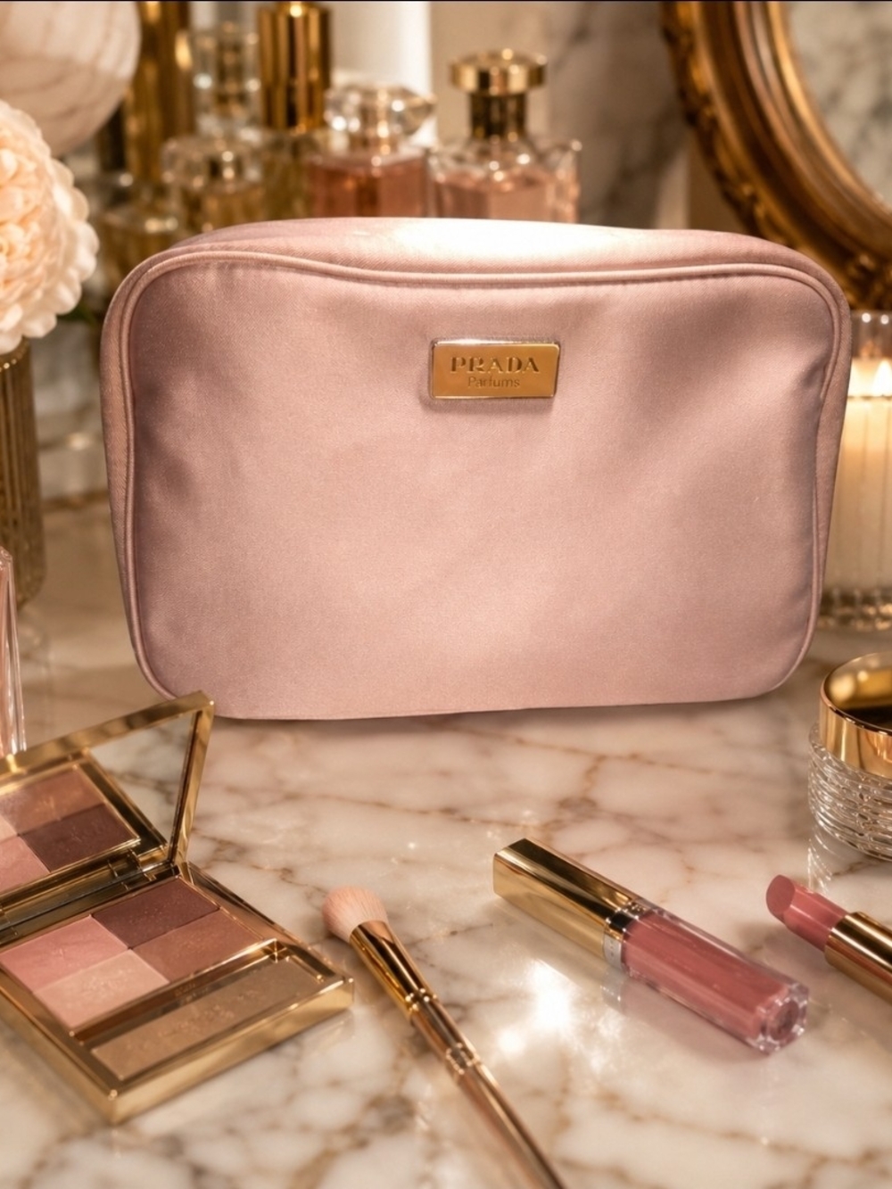 Prada | Blush Pink Satin Cosmetic Makeup Bag | Y2K Quiet Luxury | New With Box